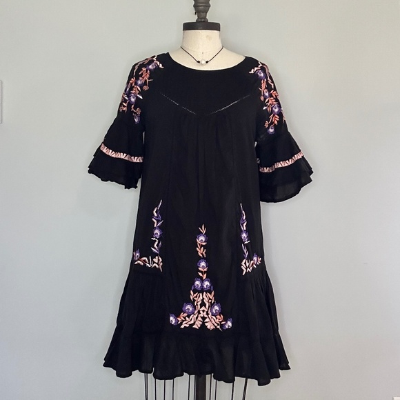 Embroidered Black Mini Dress - Picture 1 of 3